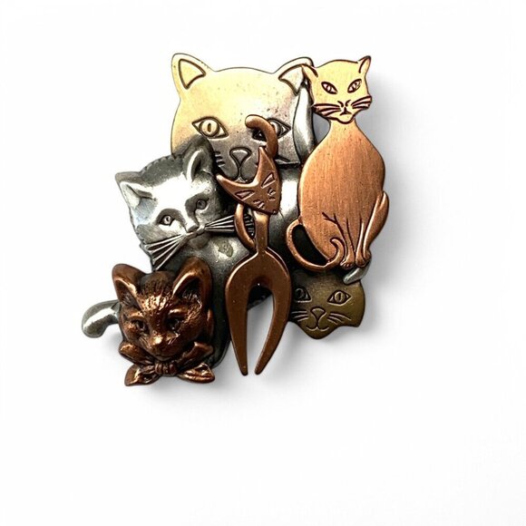 Vintage K&T Six Cats Brooch Mixed Metals Copper, Gold & Pewter Finish 2" - Picture 5 of 6